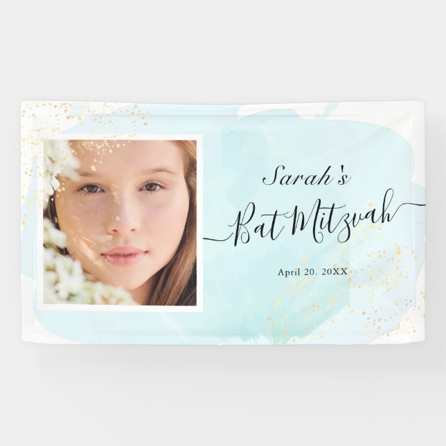 Watercolor Blue x Gold Photo Bat Mitzvah Banner (Horizontal)