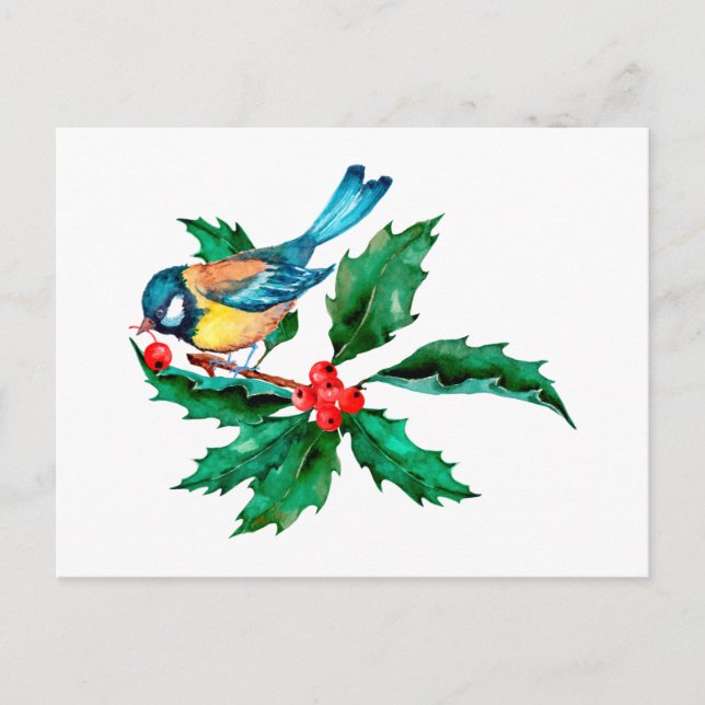 Watercolor Blue Yellow Bird on Holly Berry Branch Postcard (Front)