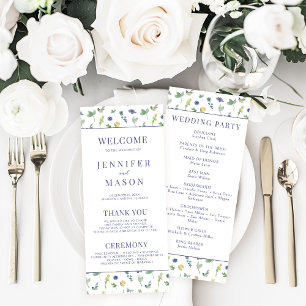 Watercolor Blue Yellow Flower Wedding Program Card