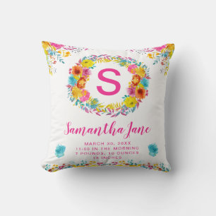 Watercolor Blue, Yellow & Pink Flowers Baby Cushion