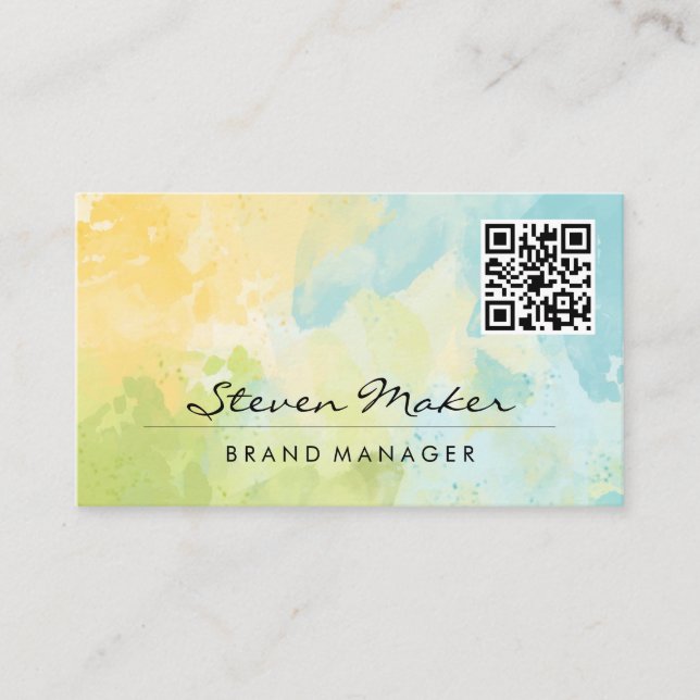 Watercolor Blue Yellow | QR Code Business Card (Front)