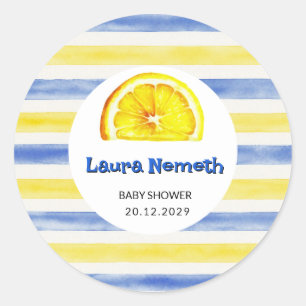  Watercolor Blue Yellow Stripe Lemon Baby Shower  Classic Round Sticker