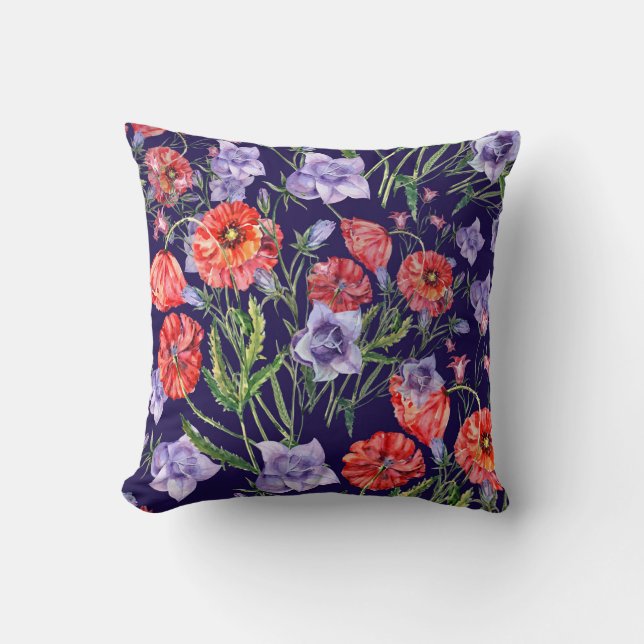 Watercolor Bluebell Poppy Array Cushion (Front)