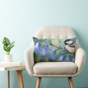 Watercolor Bluebells and Chickadee Throw Pillow