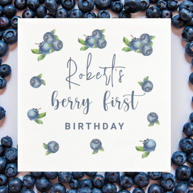 Watercolor blueberries 1st birthday party napkin (Creator Uploaded)