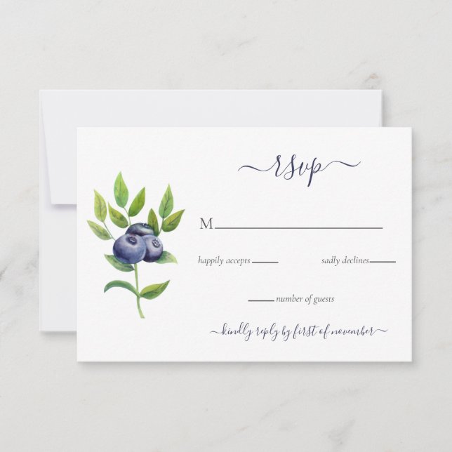 watercolor blueberries blue botanical wedding RSVP card (Front)