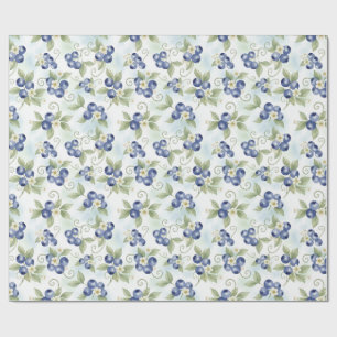 Watercolor Blueberries, Leaves, Blueberry Flowers Wrapping Paper