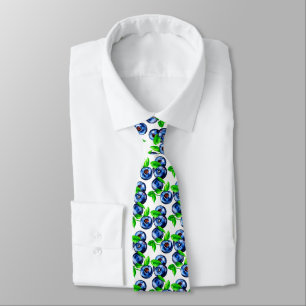 Watercolor Blueberries Pattern on White Background Tie