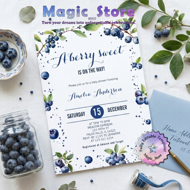 Watercolor Blueberry a Sweet Berry Boy Baby Shower Invitation (Creator Uploaded)