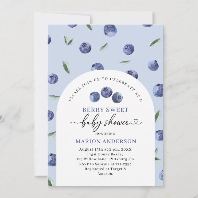 Watercolor Blueberry Baby shower  Invitation (Front)