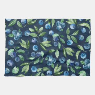 Watercolor Blueberry Dark Background Pattern Tea Towel