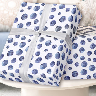 Watercolor Blueberry Pattern Blue White Wrapping Paper
