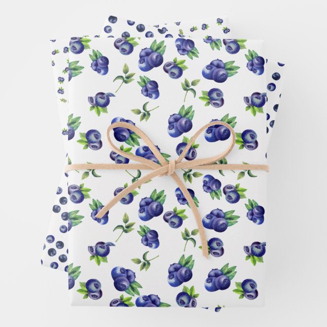 Watercolor Blueberry Pattern Wrapping Paper Sheets (In situ)