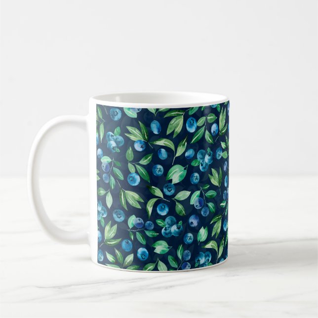 Watercolor blueberry seamless pattern, wild berrie coffee mug (Left)