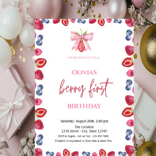 Watercolor Blueberry Strawberry 1st Birthday Invitation