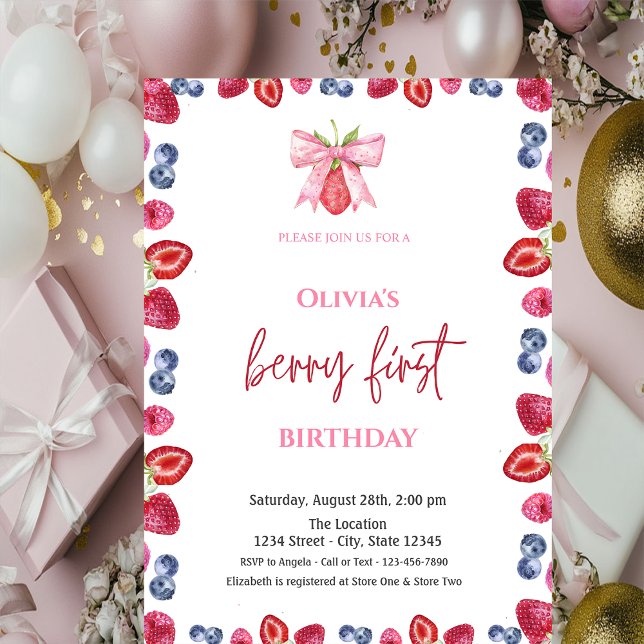 Watercolor Blueberry Strawberry 1st Birthday Invitation (Creator Uploaded)