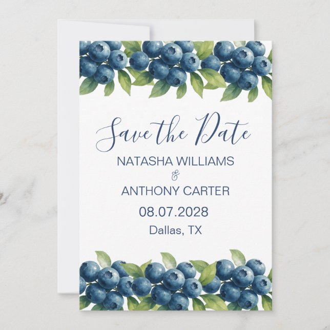 Watercolor Blueberry Wedding Save the Date Invitation (Front)