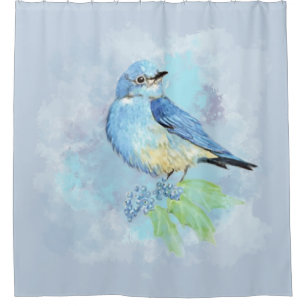 Watercolor Bluebird and Oregon Grape Garden Bird Shower Curtain
