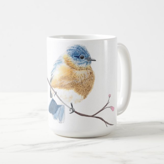Watercolor bluebird cherry blossom coffee mug (Front Right)