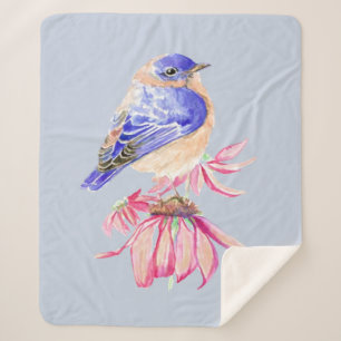 Watercolor Bluebird Cone flower Garden Bird Sherpa Blanket