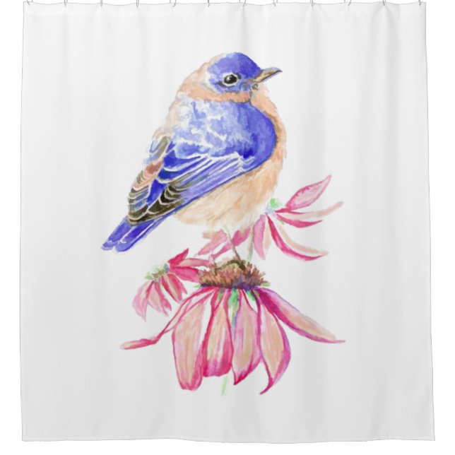 Watercolor Bluebird Coneflower Blue Pink Shower Curtain (Front)