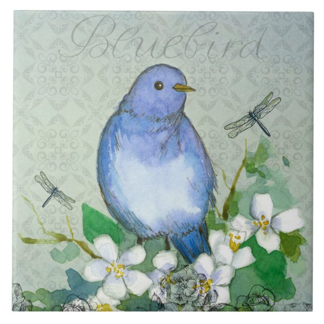 Watercolor Bluebird Dragonflies Syringa Tile (Front)