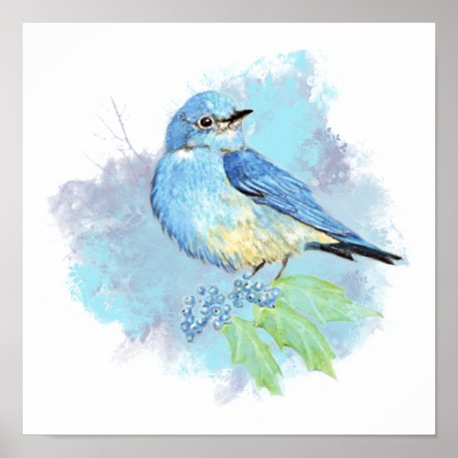 Watercolor Bluebird Garden Bird Art Poster (Front)