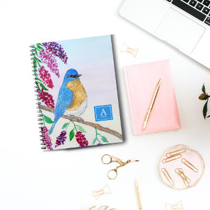 Watercolor Bluebird In Wisteria Tree Monogram Notebook