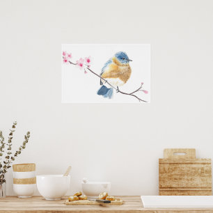 Watercolor bluebird on a cherry blossom branch  poster