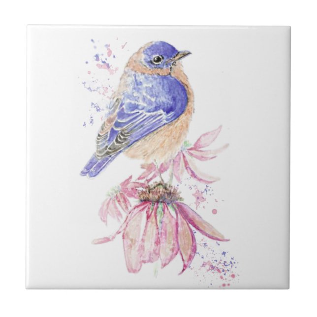 Watercolor Bluebird Pink flower Bird Art Tile (Front)