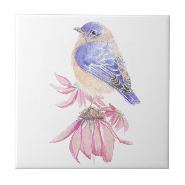 Watercolor Bluebird Pink flower Bird Art Tile (Front)