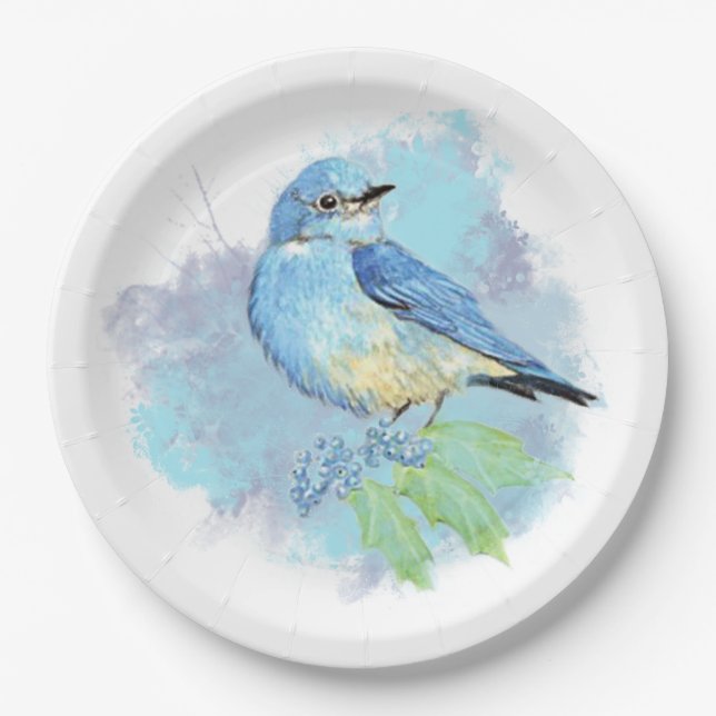 Watercolor Bluebird Pretty Blue Garden Bird Art Paper Plate (Front)