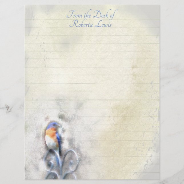 Watercolor Bluebird Stationery Custom Letterhead (Front)
