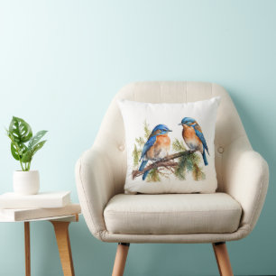 Watercolor Bluebirds on Pine Cushion