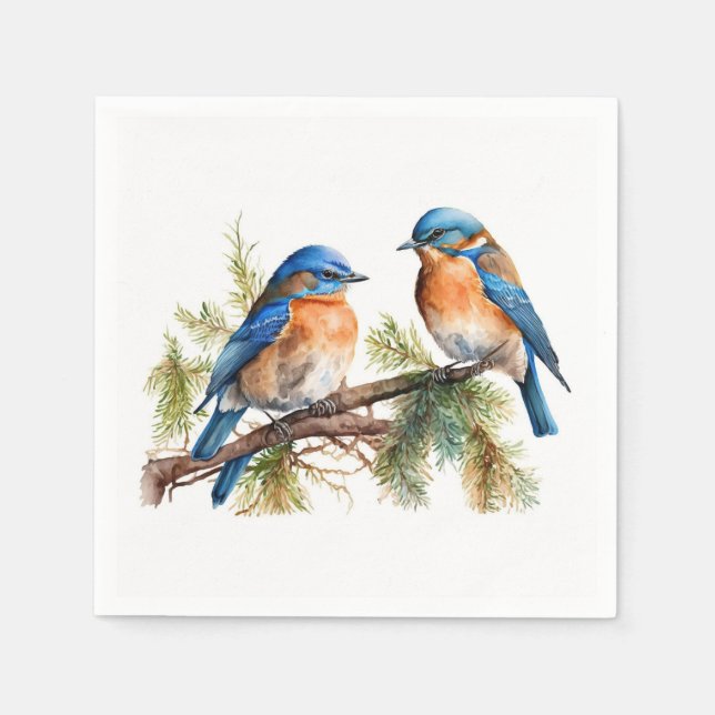 Watercolor Bluebirds on Pine Napkin (Front)