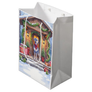 Watercolor Bluetick Coonhound Cabin Porch Christma Medium Gift Bag