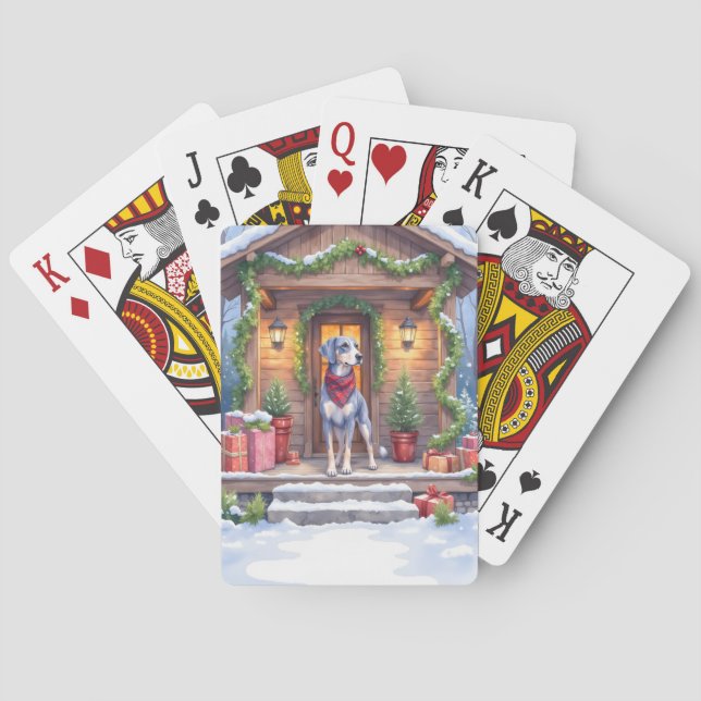 Watercolor Bluetick Coonhound Cabin Porch Christma Playing Cards (Back)