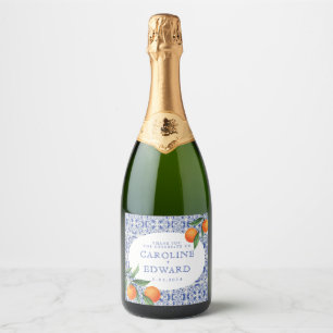 Watercolor Bluetile Mediterranean Wedding Sparkling Wine Label