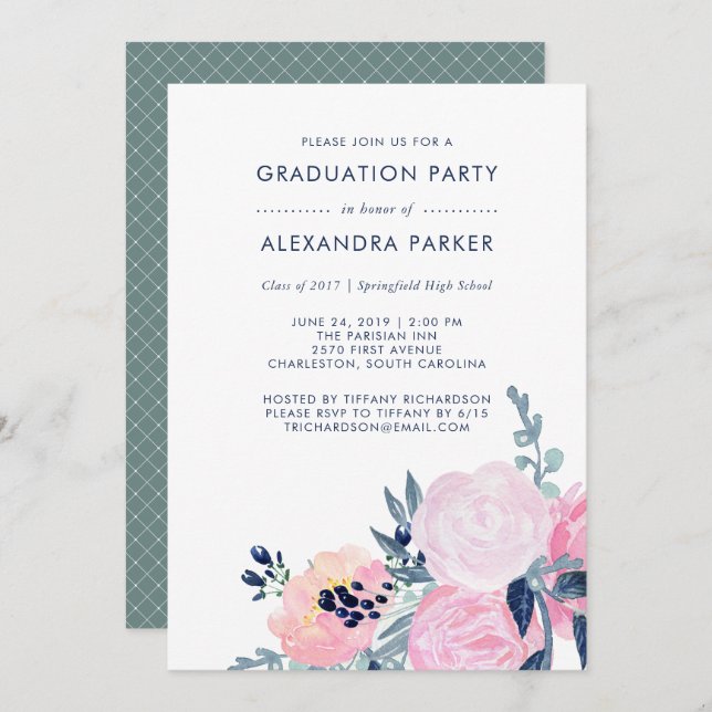 Watercolor Blush and Navy Floral Graduation Party Invitation (Front/Back)