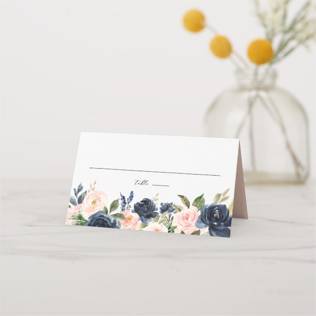 Watercolor Blush and Navy Flowers Garland Wedding Place Card (Front)