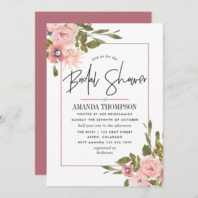 Watercolor Blush and Rose Gold Bridal Shower Invitation (Front/Back)