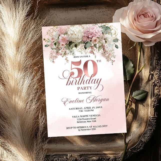 Watercolor Blush Bouquet Gold Greenery 50 Birthday Invitation (Watercolor Blush Bouquet Gold Greenery 50th Birthday)