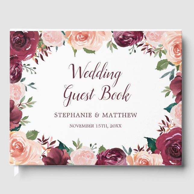 Watercolor Blush Burgundy Rose Border Wedding Guest Book (Front)