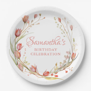 Watercolor Blush Coral Tulips Birthday Party Paper Plate