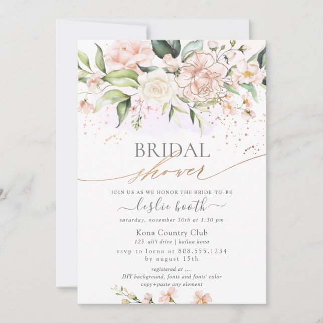 Watercolor Blush Cream Roses Bridal Shower  Invitation (Front)