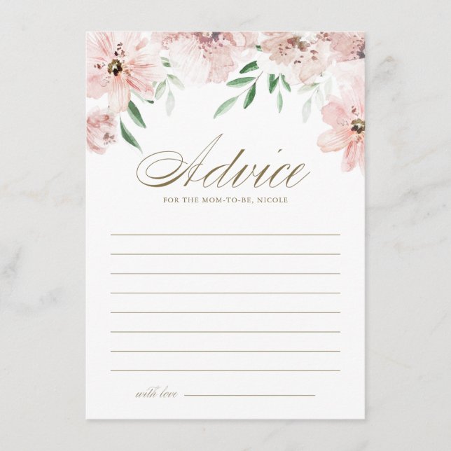 Watercolor Blush Dusty Pink Flowers Baby Shower Advice Card (Front)