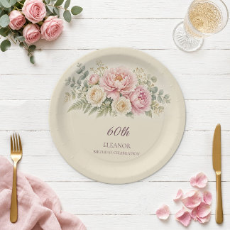 Watercolor Blush Floral 60th Birthday Paper Plate