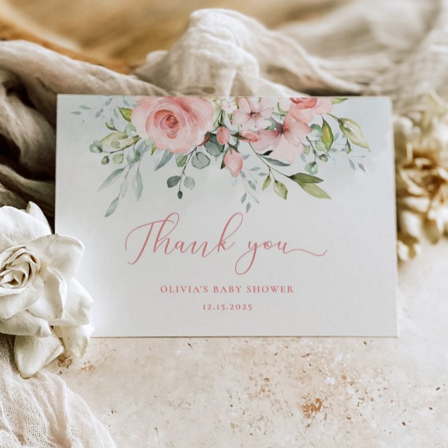 Watercolor blush floral baby shower thank you card (Creator Uploaded)