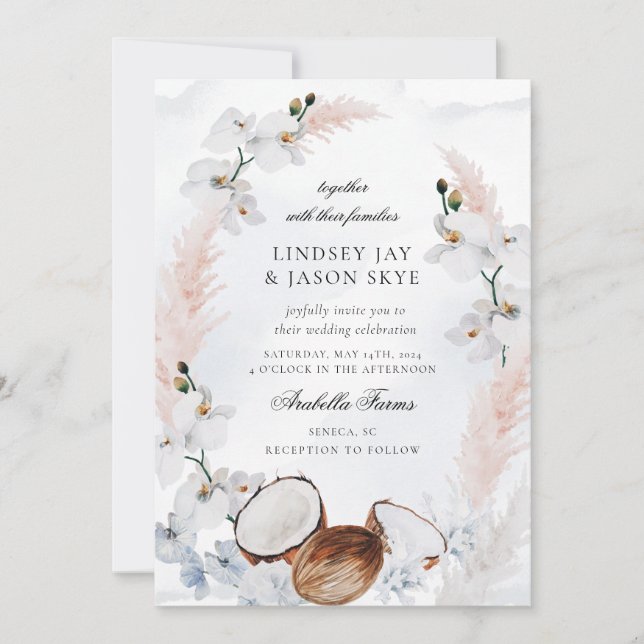 Watercolor Blush Floral Beach Dusty Blue Wedding Invitation (Front)