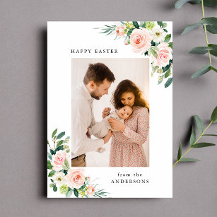 Watercolor Blush Floral Easter Photo Holiday Card